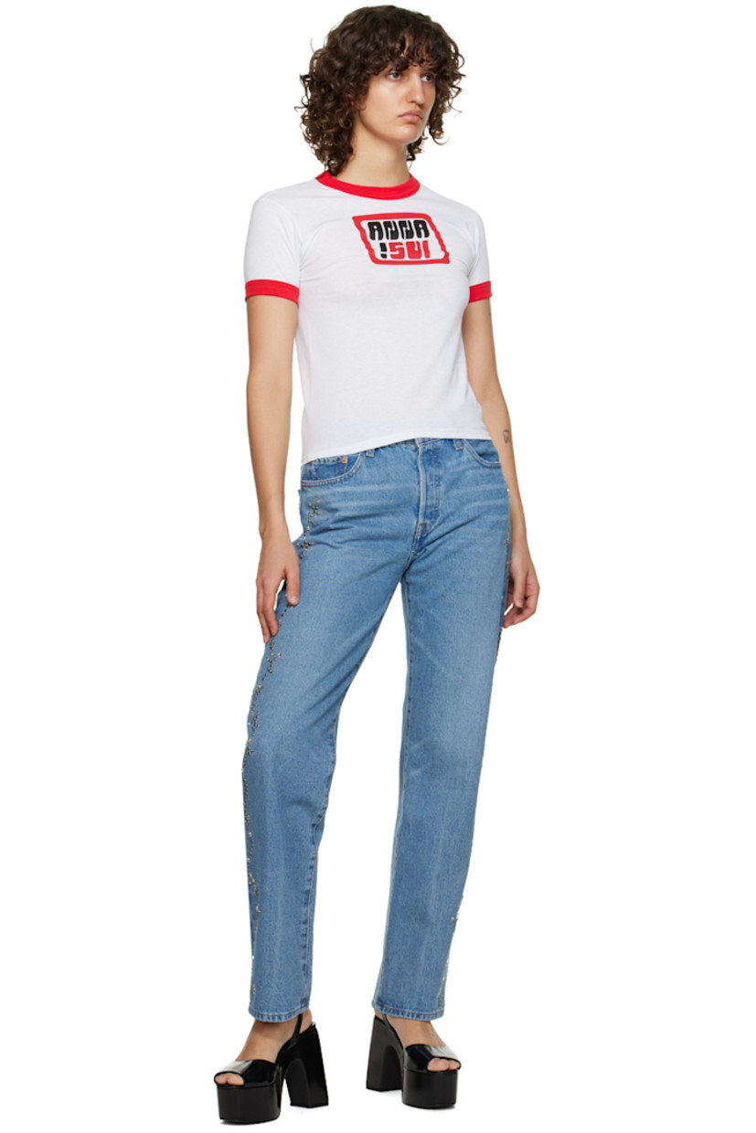 Non-stretch denim jeans. Studs and crystal-cut detailing throughout. 

· Belt loops
· Five-pocket styling
· Button-fly
· Logo patch at back waistband
· Logo flag at back pocket
· Logo-engraved bronze-tone hardware
· Contrast stitching in yellow 

Part of the Spring 2023 capsule collection.

Available exclusively at SSENSE. 

Supplier color: Blue