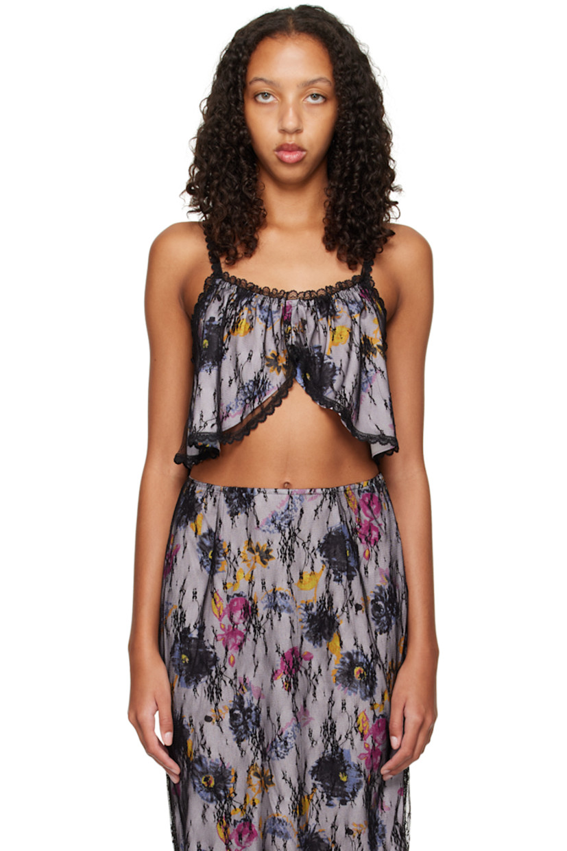 Polyester crepon and nylon mesh camisole. Lace trim and floral pattern throughout. 

· Layered construction 
· Scoop neck
· Asymmetric cropped hem
· Fixed spaghetti straps

Available exclusively at SSENSE.

Supplier color: Lilac multi