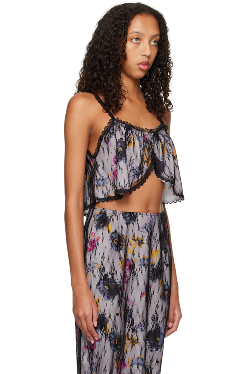Polyester crepon and nylon mesh camisole. Lace trim and floral pattern throughout. 

· Layered construction 
· Scoop neck
· Asymmetric cropped hem
· Fixed spaghetti straps

Available exclusively at SSENSE.

Supplier color: Lilac multi