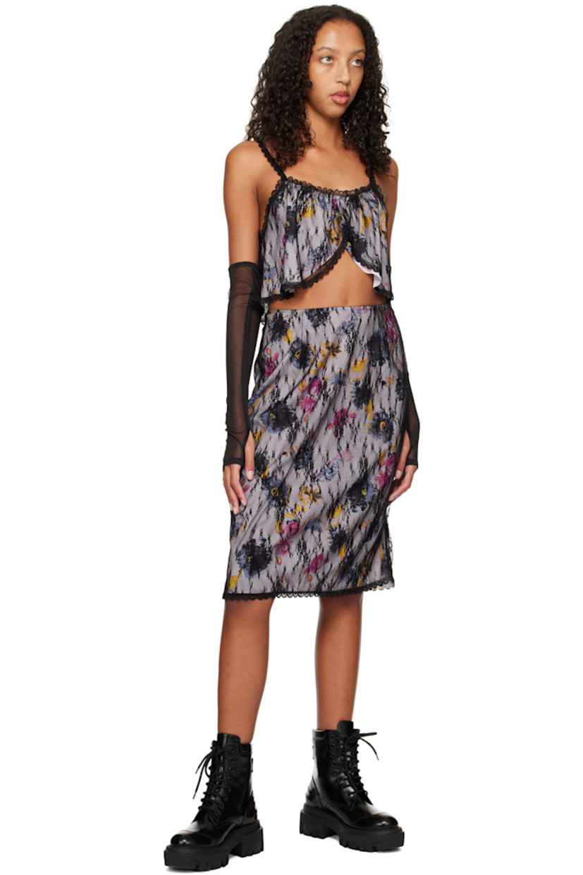 Polyester crepon and nylon mesh camisole. Lace trim and floral pattern throughout. 

· Layered construction 
· Scoop neck
· Asymmetric cropped hem
· Fixed spaghetti straps

Available exclusively at SSENSE.

Supplier color: Lilac multi