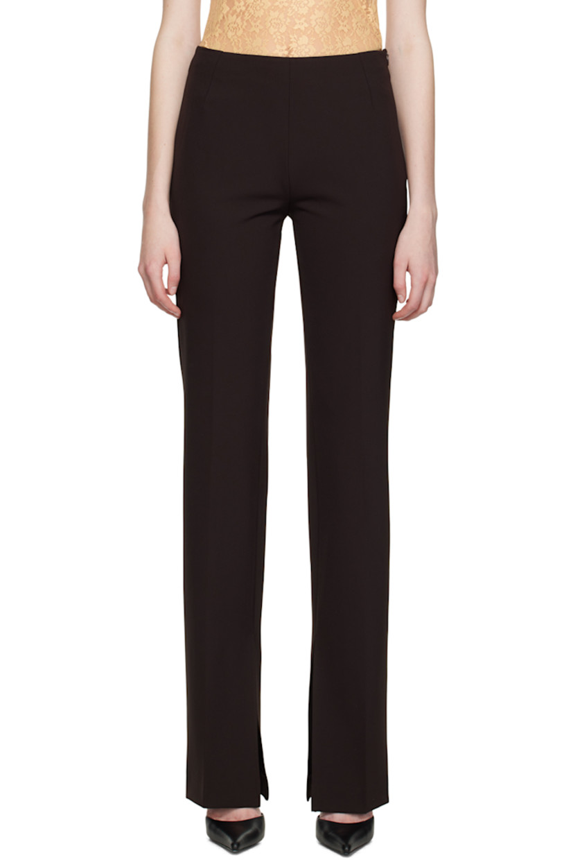 Stretch nylon twill trousers.

· Central crease at front
· Vent at cuffs
· Zip closure at outseam

Supplier color:  Chocolate