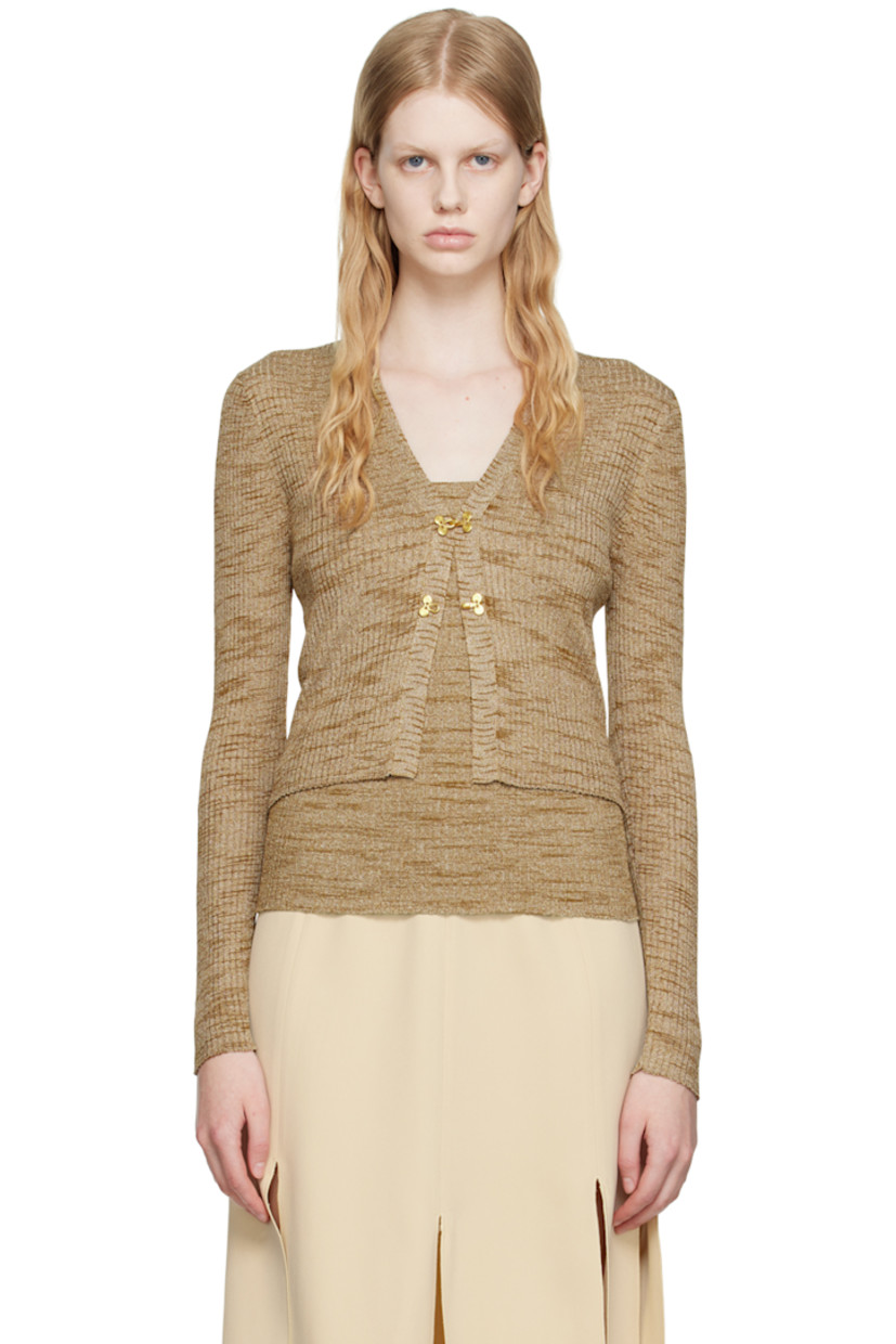 Rib knit viscose- and polyester-blend cardigan. Metallic thread detailing throughout.

· Y-neck
· Hook-eye closure
· Gold-tone hardware

Supplier color: Space Dyed Sand/Gold