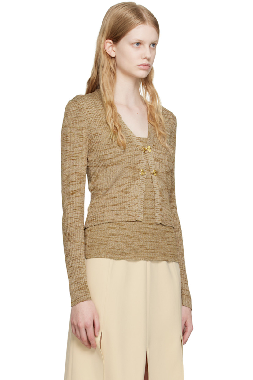 Rib knit viscose- and polyester-blend cardigan. Metallic thread detailing throughout.

· Y-neck
· Hook-eye closure
· Gold-tone hardware

Supplier color: Space Dyed Sand/Gold
