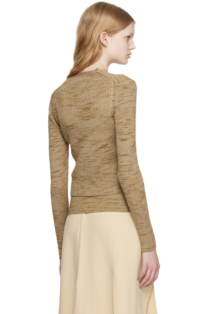 Rib knit viscose- and polyester-blend cardigan. Metallic thread detailing throughout.

· Y-neck
· Hook-eye closure
· Gold-tone hardware

Supplier color: Space Dyed Sand/Gold
