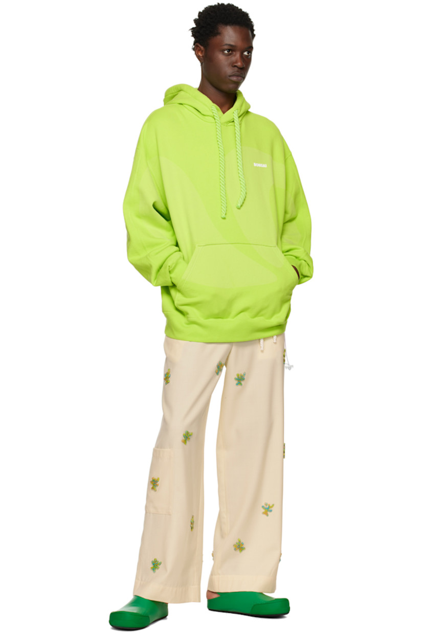 French terry hoodie. 

· Drawstring at hood 
· Logo printed at chest 
· Kangaroo pocket 
· Concealed bungee-style drawstring at rib knit hem
· Rib knit cuffs 

Supplier color: Acid green
