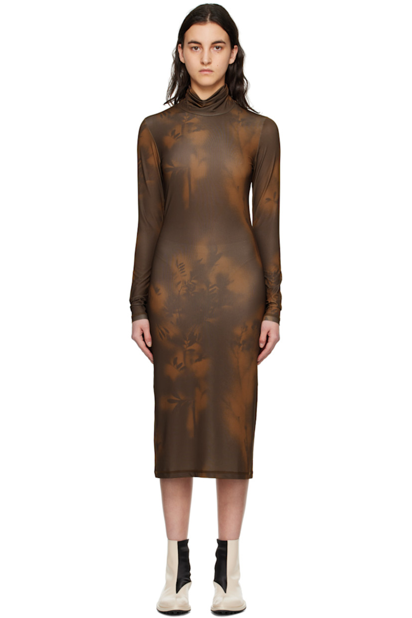 Stretch nylon jersey dress. 

· Graphic pattern printed throughout
· Turtleneck

Supplier color: Brown mix