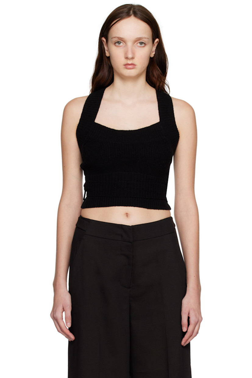 Rib knit lambswool tank top.

· Square neck
· Self-tie fastening at shoulder straps
· Belt loops at cropped hem

Supplier color: Black