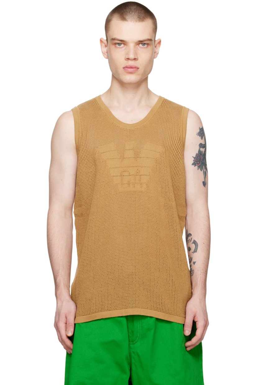 Open knit recycled cotton tank top.

· Rib knit crewneck, hem, and armscyes
· Intarsia logo at front

Part of the Sustainable collection.

Supplier color: Sabbia