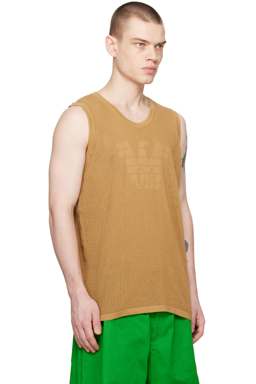 Open knit recycled cotton tank top.

· Rib knit crewneck, hem, and armscyes
· Intarsia logo at front

Part of the Sustainable collection.

Supplier color: Sabbia