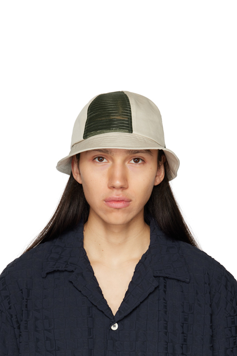 Paneled organic cotton-blend twill and recycled polyester-blend mesh bucket hat in khaki & beige. 

· Quilted brim
· Logo flag at side 
· Twill browband in black

Supplier color: Stone/Olive