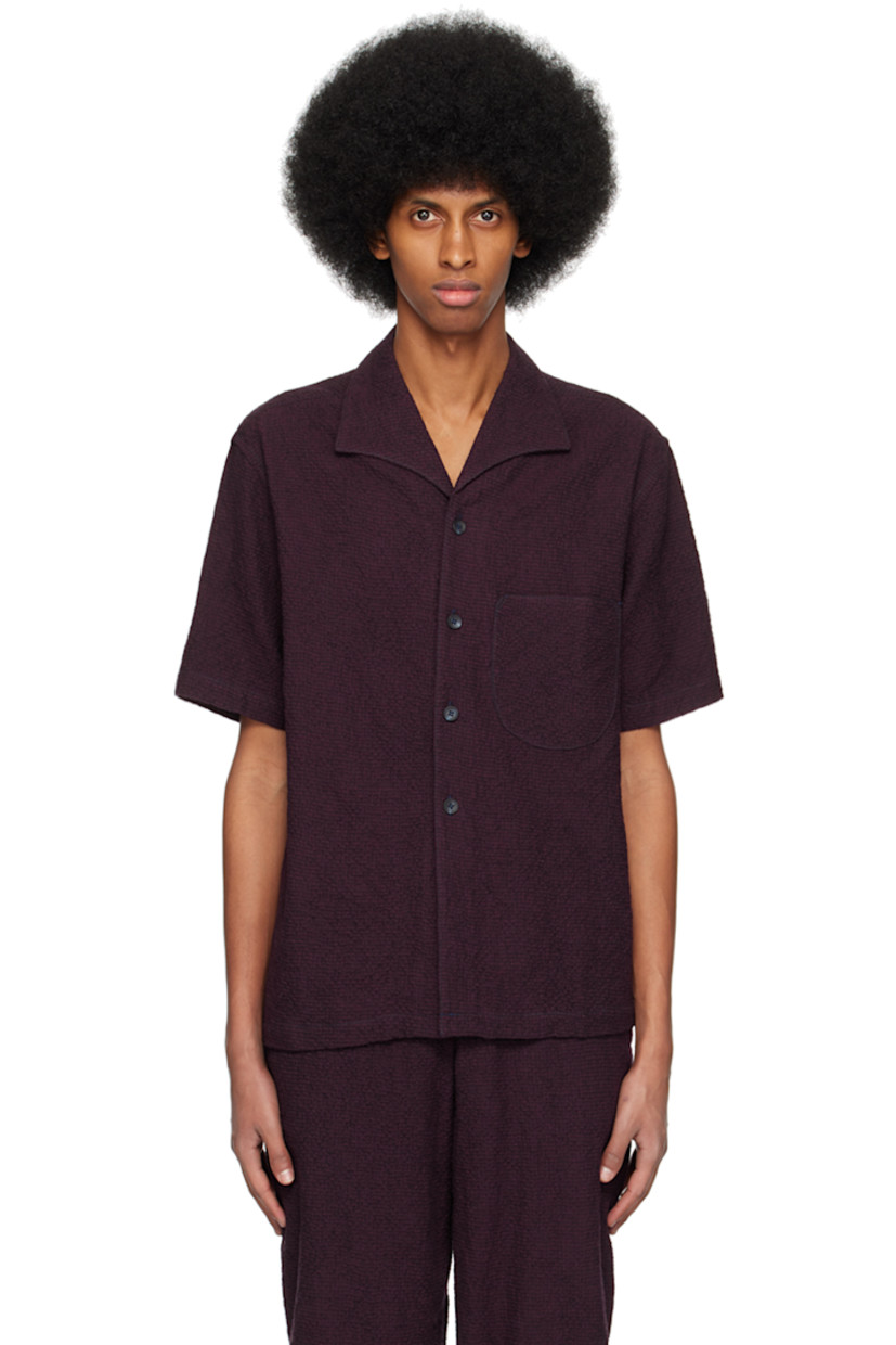 Cotton and wool-blend seersucker shirt.

· Open spread collar
· Button closure
· Patch pocket
· Contrast stitching in navy

Supplier color: Burgundy