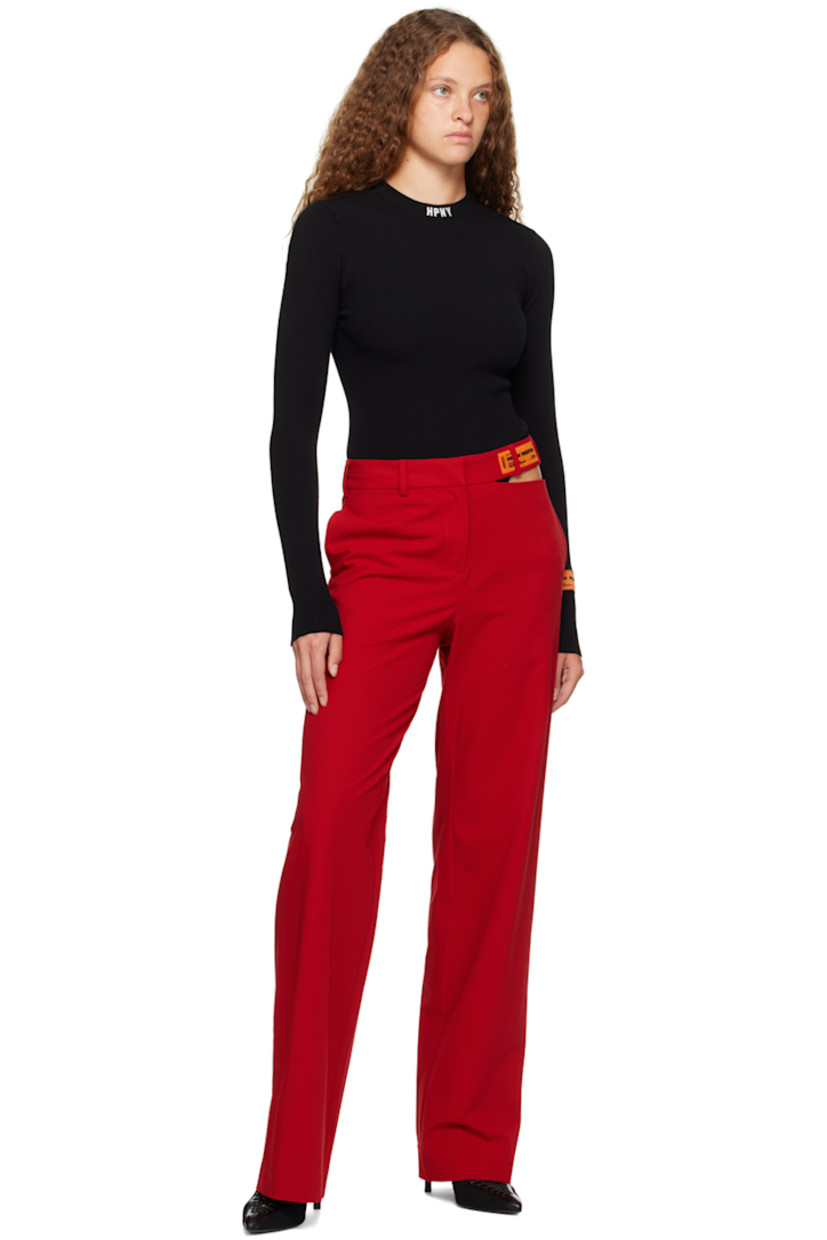 Straight-leg stretch polyester-blend gabardine trousers. 

· Belt loops
· Logo patch and cutout at waistband
· Zip-fly 
· Three-pocket styling

Supplier color: Red