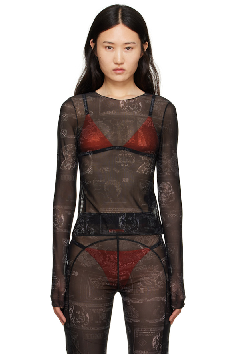 Sheer stretch nylon mesh T-shirt. Graphic pattern printed throughout.

· Crewneck
· Logo patch at back collar
· Pinched seam at back

Supplier color: Black/No color