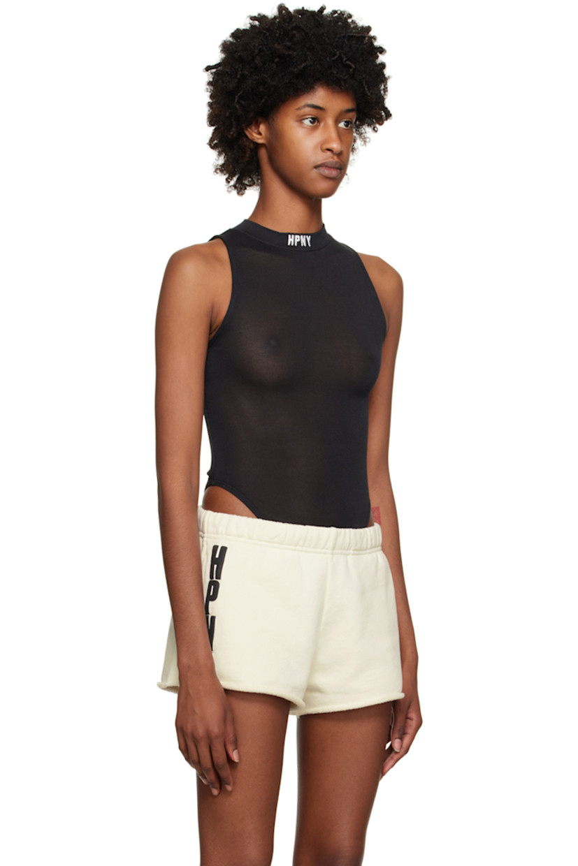 Semi-sheer knit stretch viscose bodysuit. 

· Logo embroidered at rib knit mock neck 
· Press-stud fastening at bottom
· Logo patch at back collar 
· Partially lined 

Supplier color: Black/White
