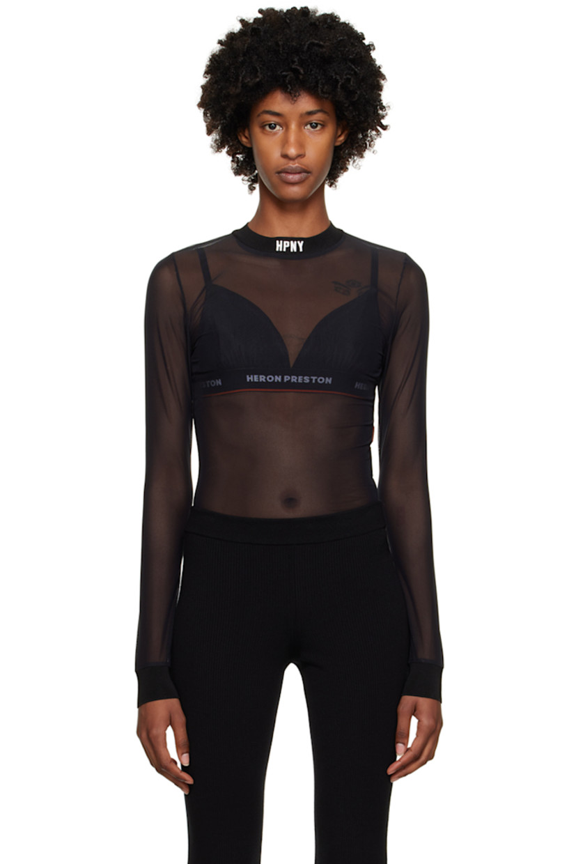 Sheer stretch nylon mesh bodysuit.

· Logo embroidered at rib knit mock neck 
· Press-stud fastening at bottom
· Rib knit cuffs 
· Logo patch at back collar 
· Partially lined 

Supplier color: Black/White