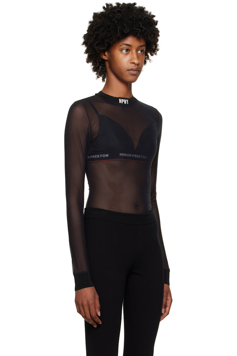 Sheer stretch nylon mesh bodysuit.

· Logo embroidered at rib knit mock neck 
· Press-stud fastening at bottom
· Rib knit cuffs 
· Logo patch at back collar 
· Partially lined 

Supplier color: Black/White
