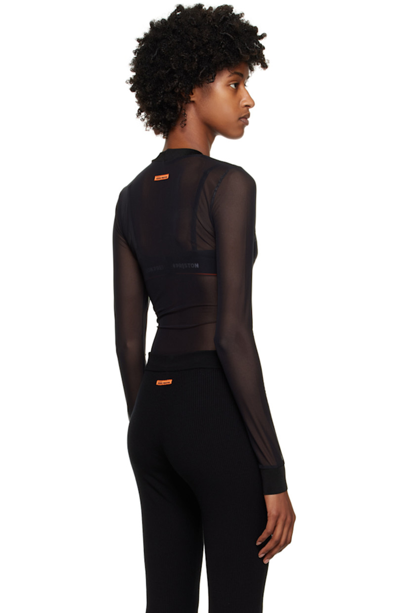 Sheer stretch nylon mesh bodysuit.

· Logo embroidered at rib knit mock neck 
· Press-stud fastening at bottom
· Rib knit cuffs 
· Logo patch at back collar 
· Partially lined 

Supplier color: Black/White