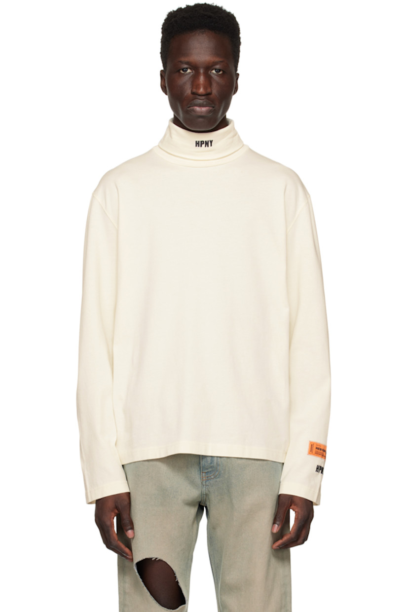 Cotton jersey T-shirt.

· Logo embroidered at rib knit turtleneck and cuffs
· Textile logo patch at sleeve

Supplier color: White/Black