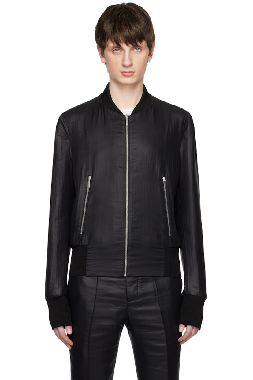 Plain-woven polyester bomber jacket.

· Rib knit stand collar, hem, and cuffs
· Zip closure
· Zip pockets
· Unlined
· Silver-tone hardware

Supplier color: Black