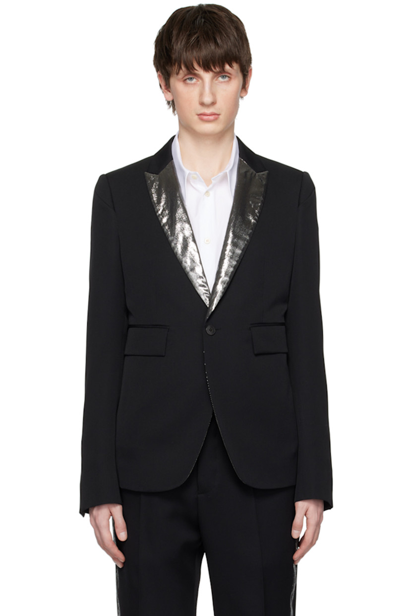 Wool gabardine blazer. 

· Metallic thread detailing at notched lapel
· Single-button closure
· Flap pockets
· Darts at front and back
· Padded shoulders
· Four-button surgeon's cuffs
· Central vent at back hem
· Welt pockets at interior
· Partial satin lining
· Horn hardware

Supplier color: Black/Silver