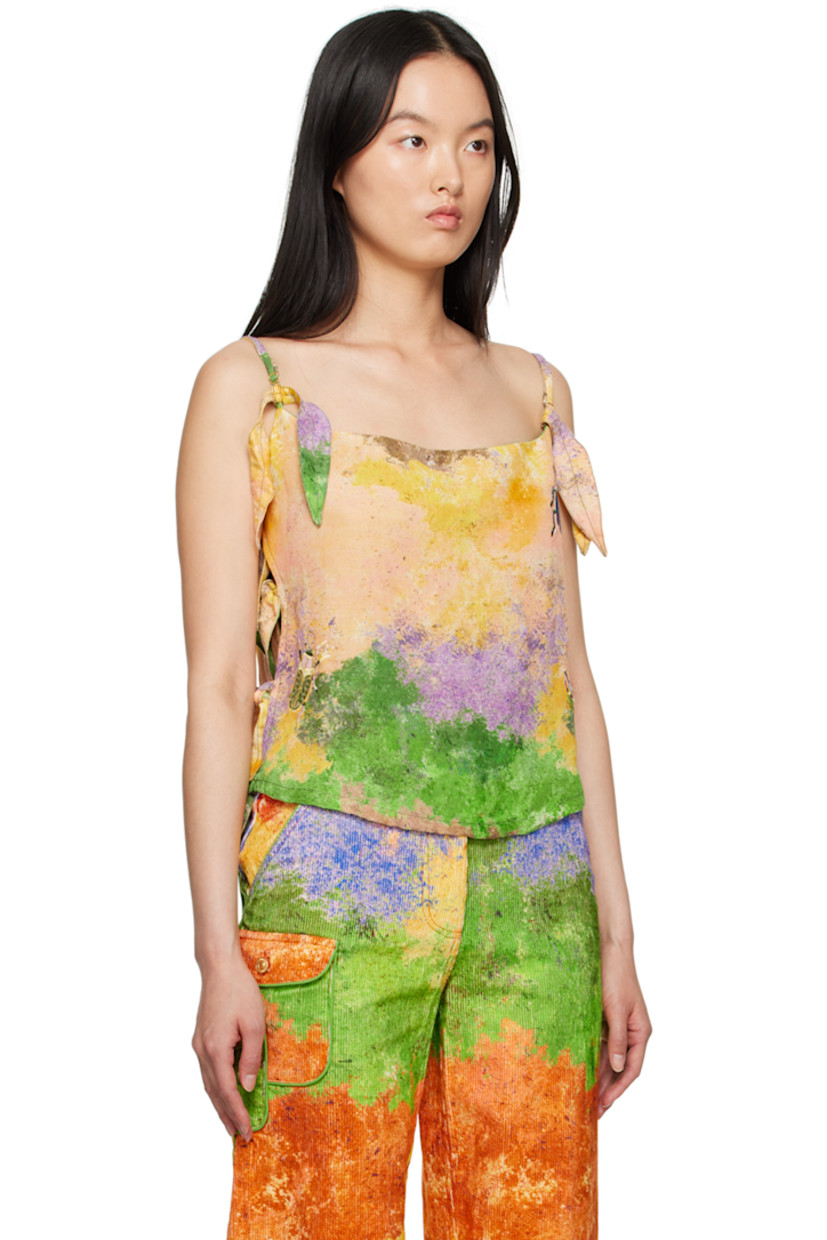 Plain-woven linen- and viscose- blend tank top. Graphic pattern printed throughout. 

· Square neck
· Graphics embroidered at front and back 
· Self-tie fastenings at outseams 
· Self-tie fastening at adjustable spaghetti straps 
· Partial plain-woven cotton lining 

Each item is unique. Please note that coloration may vary.

Supplier color: Lucid moss