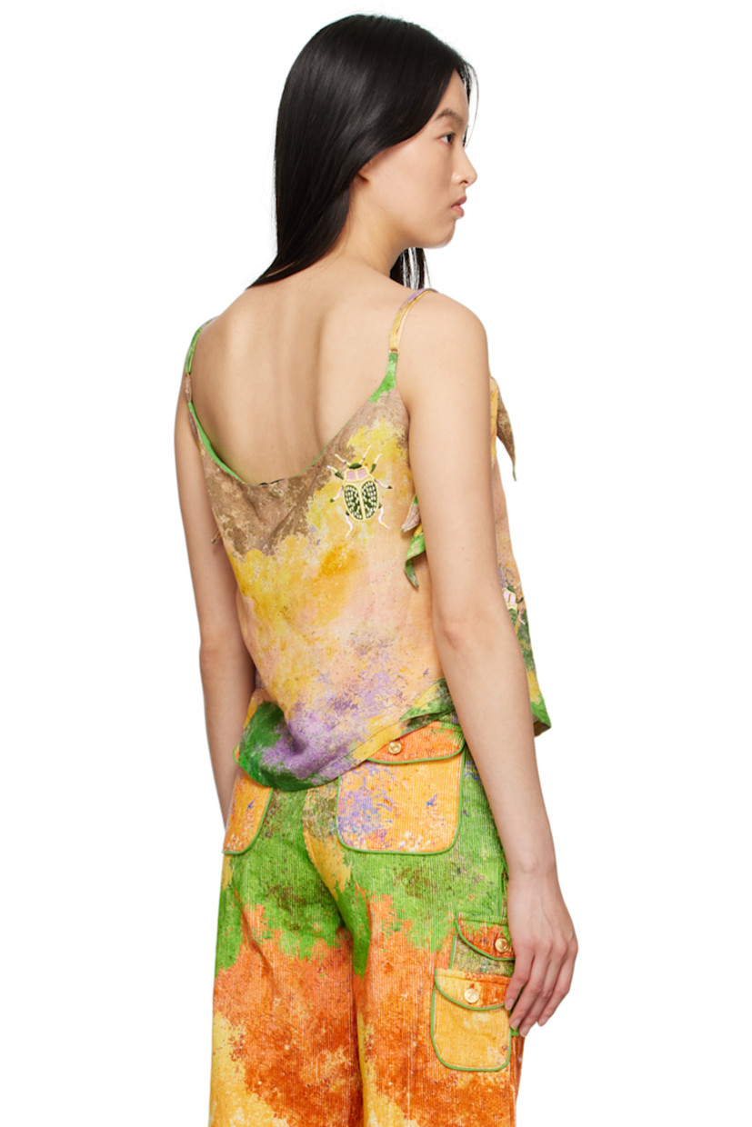 Plain-woven linen- and viscose- blend tank top. Graphic pattern printed throughout. 

· Square neck
· Graphics embroidered at front and back 
· Self-tie fastenings at outseams 
· Self-tie fastening at adjustable spaghetti straps 
· Partial plain-woven cotton lining 

Each item is unique. Please note that coloration may vary.

Supplier color: Lucid moss