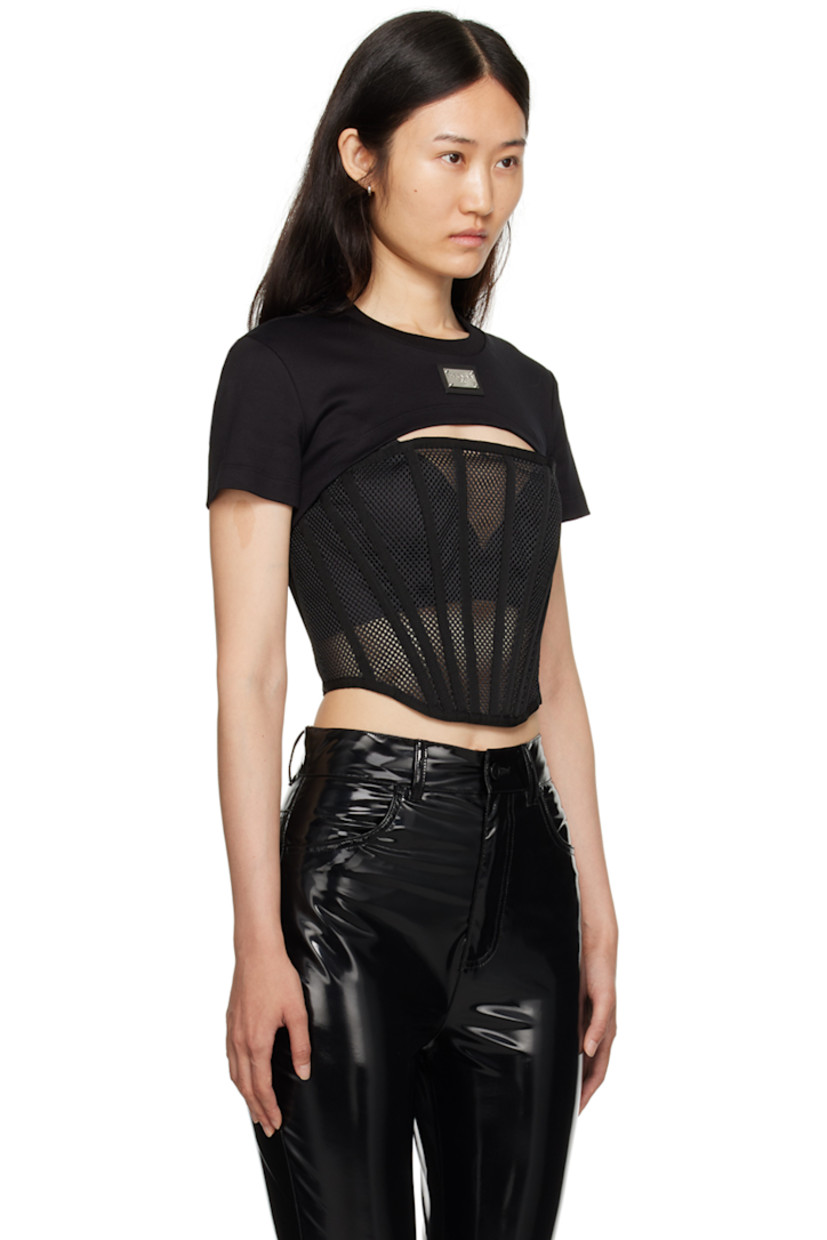 Cotton- and polyester-blend jersey and mesh T-shirt. Boning throughout.

· Paneled construction
· Rib knit crewneck
· Logo plaque and cutout at front
· Zip closures at back

Supplier color: Nero