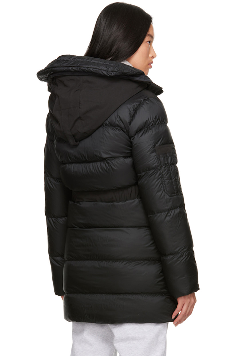 Lightweight and water-repellent RDS-certified down-filled Arctic Tech® polyester- and cotton-blend canvas and nylon ripstop jacket. 

· Paneled construction
· Detachable brim and cinch strap at detachable hood
· Bungee-style drawstring at stand collar
· Zip closure with press-stud placket
· Logo patch at front
· Welt pockets and flap pockets
· Concealed bungee-style drawstring at waist
· Logo patch and utility pocket at sleeve
· Inset rib knit cuffs
· Logo patch and webbing strap at back 
· Logo-woven shoulder straps at interior
· Zip pocket and patch pockets at interior
· Full nylon satin lining

Part of the Black Label collection.

Supplier color: Black

Fill: 90% duck down, 10% duck feather.