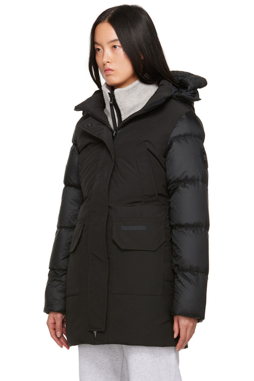 Lightweight and water-repellent RDS-certified down-filled Arctic Tech® polyester- and cotton-blend canvas and nylon ripstop jacket. 

· Paneled construction
· Detachable brim and cinch strap at detachable hood
· Bungee-style drawstring at stand collar
· Zip closure with press-stud placket
· Logo patch at front
· Welt pockets and flap pockets
· Concealed bungee-style drawstring at waist
· Logo patch and utility pocket at sleeve
· Inset rib knit cuffs
· Logo patch and webbing strap at back 
· Logo-woven shoulder straps at interior
· Zip pocket and patch pockets at interior
· Full nylon satin lining

Part of the Black Label collection.

Supplier color: Black

Fill: 90% duck down, 10% duck feather.