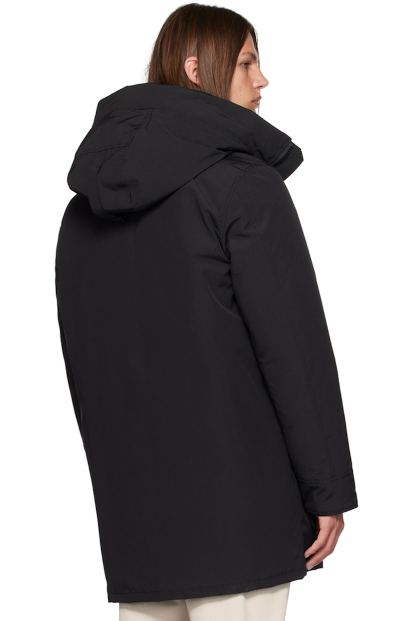 Water-repellent RDS-certified down-filled Arctic Tech® polyester- and cotton-blend canvas jacket.

· Detachable trim and cinch strap at hood
· Funnel neck
· Two-way zip closure and press-stud placket
· Welt and flap pockets
· Logo patch at sleeve
· CORDURA® piping trim at cuffs
· Inset rib knit cuffs
· Zip pocket and patch pockets at interior
· Elasticized shoulder straps at interior
· Full nylon taffeta lining

Supplier color: Black/Noir

Fill: 80% duck down, 20% duck feather.