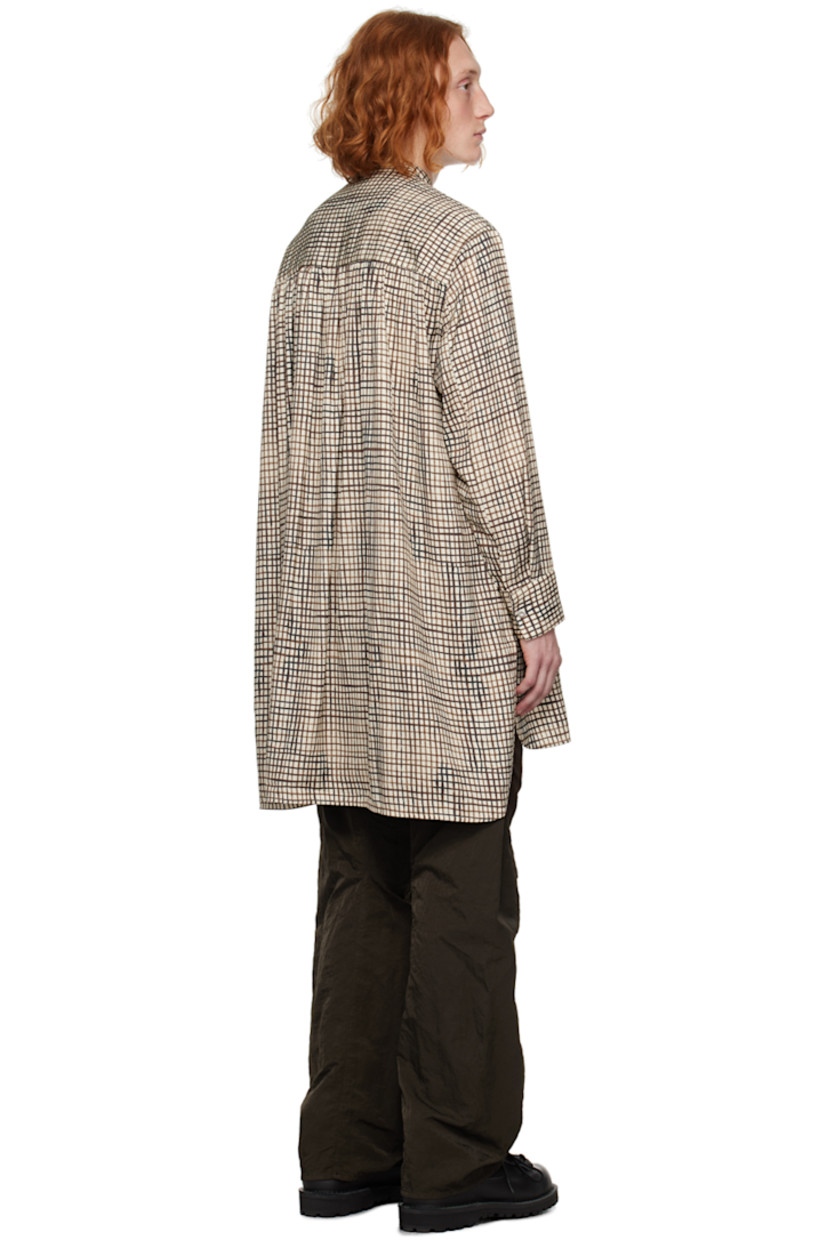 Viscose twill shirt. Check pattern printed throughout.

· Band collar
· Press-stud closure
· Drop-tail hem
· Single-press-stud barrel cuffs
· Gathering at back yoke

Supplier color: Printed check