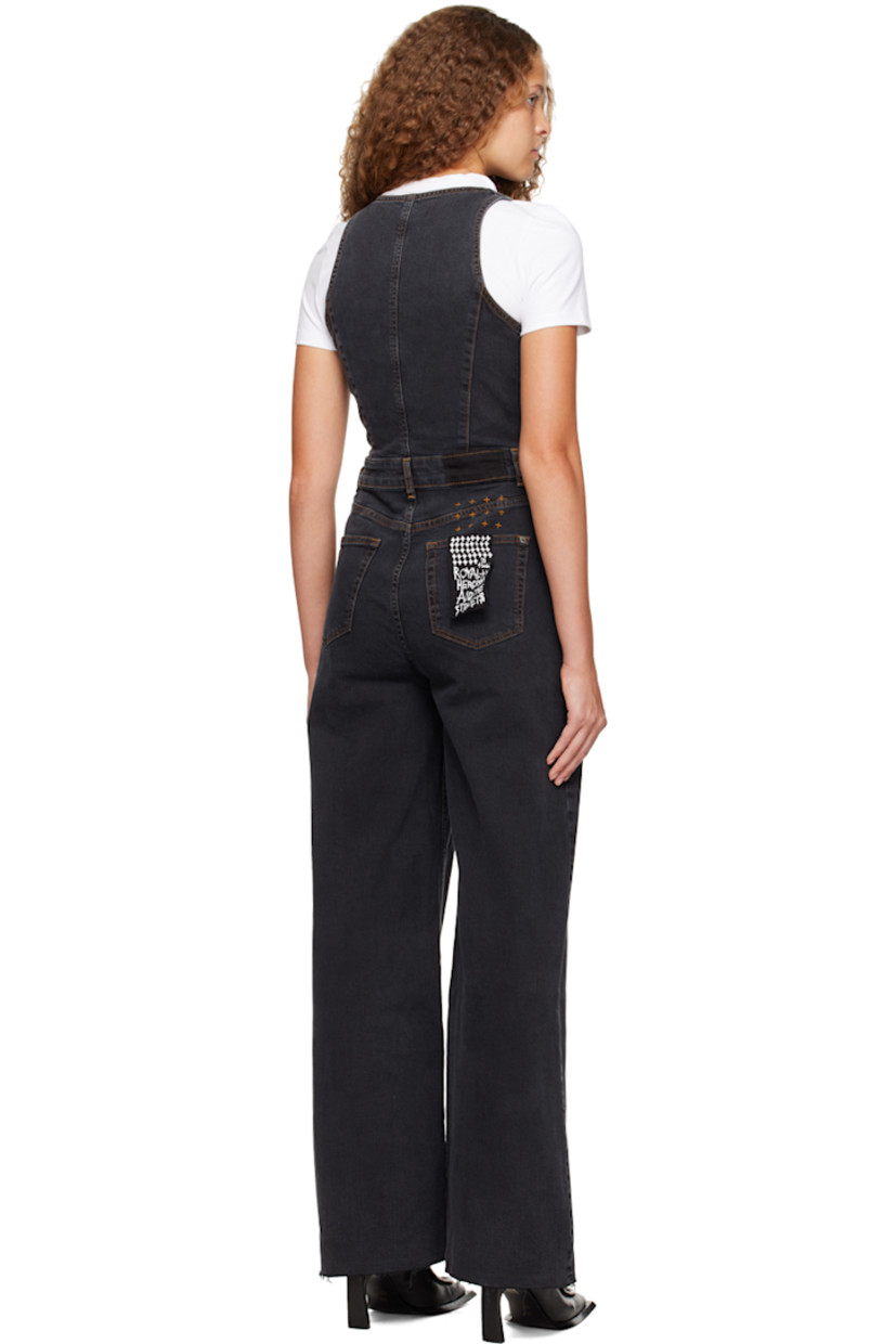 Stretch denim jumpsuit. Flap pockets throughout.

· V-neck
· Zip closure
· Four-pocket styling 
· Belt loops
· Raw edge at hem
· Graphic embroidered at back waist
· Logo embroidered at back

Supplier color: Black