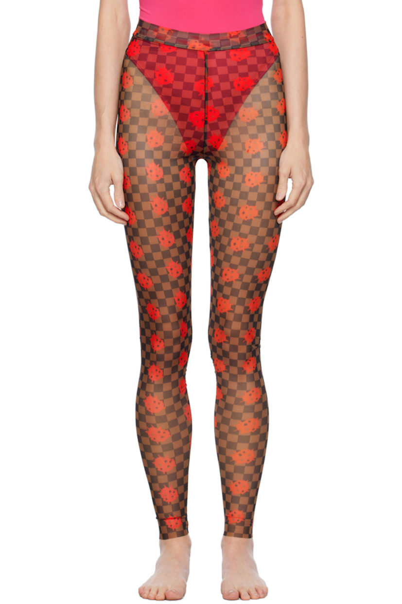 Semi-sheer stretch polyester mesh leggings. Graphic and check pattern printed throughout. 

· Elasticized waistband
· Raw edge at cuffs

Available exclusively at SSENSE.

Supplier color: Brown/Red