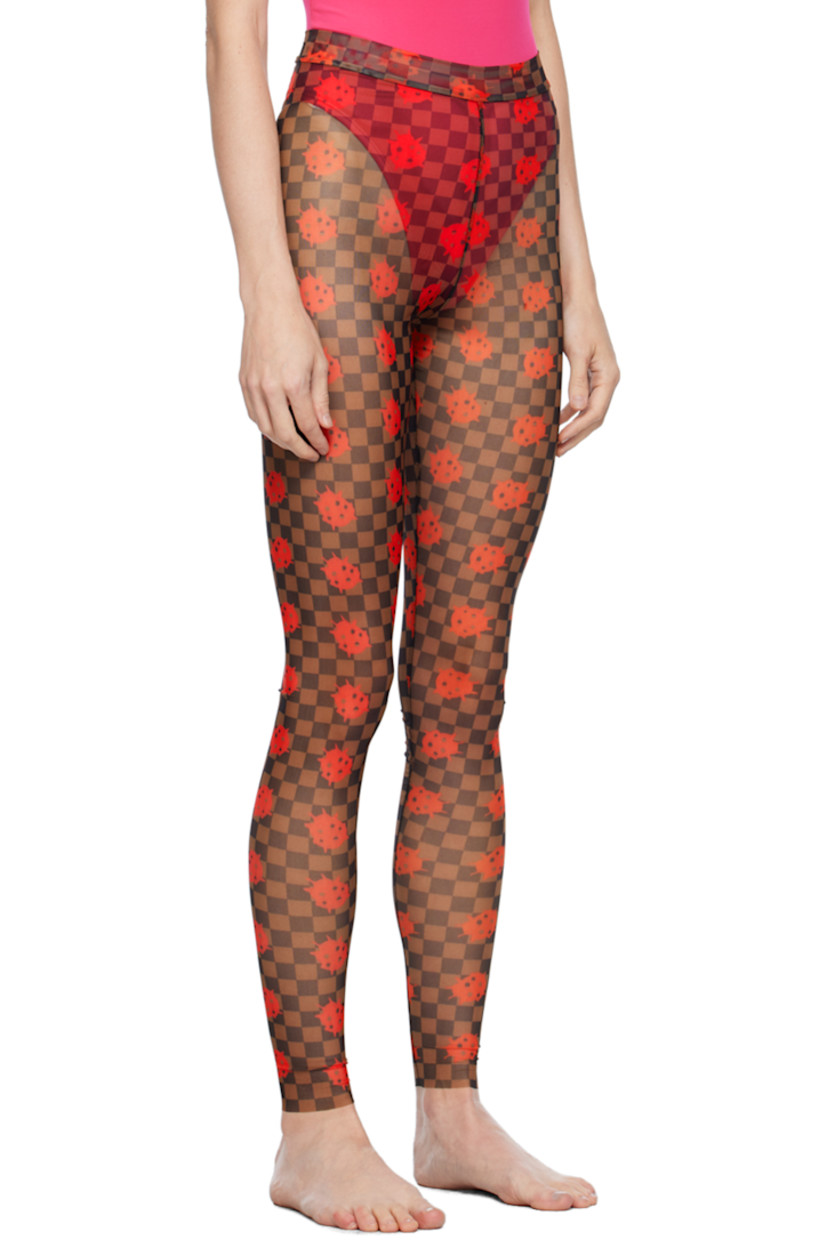 Semi-sheer stretch polyester mesh leggings. Graphic and check pattern printed throughout. 

· Elasticized waistband
· Raw edge at cuffs

Available exclusively at SSENSE.

Supplier color: Brown/Red