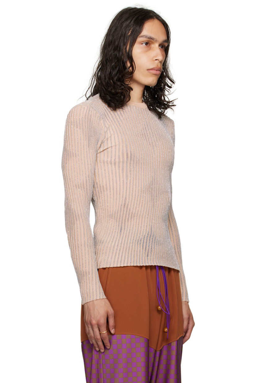 Rib knit merino wool-blend sweater. 

· Metallic thread detailing and graphic pattern throughout
· Crewneck

Available exclusively at SSENSE. 

Supplier color: Cream/Silver