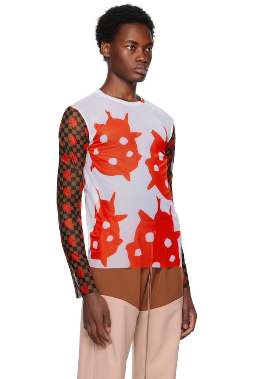 Semi-sheer stretch polyester mesh T-shirt.

· Crewneck 
· Graphics printed at front
· Raw edge at hem and cuffs
· Graphic check pattern printed at sleeves

Available exclusively at SSENSE.

Supplier color: Red/White