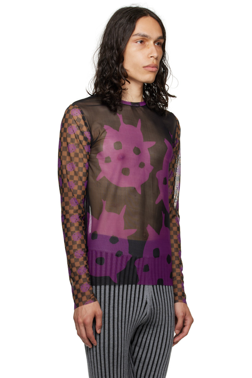 Stretch polyester mesh T-shirt. Graphic pattern and check pattern printed throughout. 

· Round neck
· Raw edge at hem and cuffs

Available exclusively at SSENSE. 

Supplier color: Plum/Black
