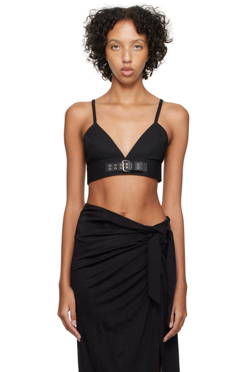 Stretch polyester- and wool-blend twill tank top.

· V-neck
· Pin-buckle strap at front
· Adjustable spaghetti straps 
· Hook-eye closure at back
· Full satin lining

Supplier color: Black