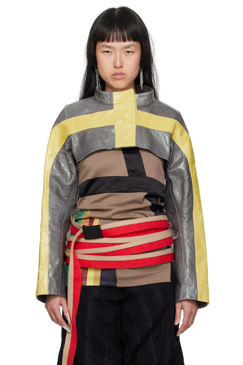 Handcrafted crinkled leather jacket.

· Paneled construction
· Stand collar
· Press-stud closure
· Cropped hem
· Full plain-woven cotton lining

Supplier color: Grey/Yellow