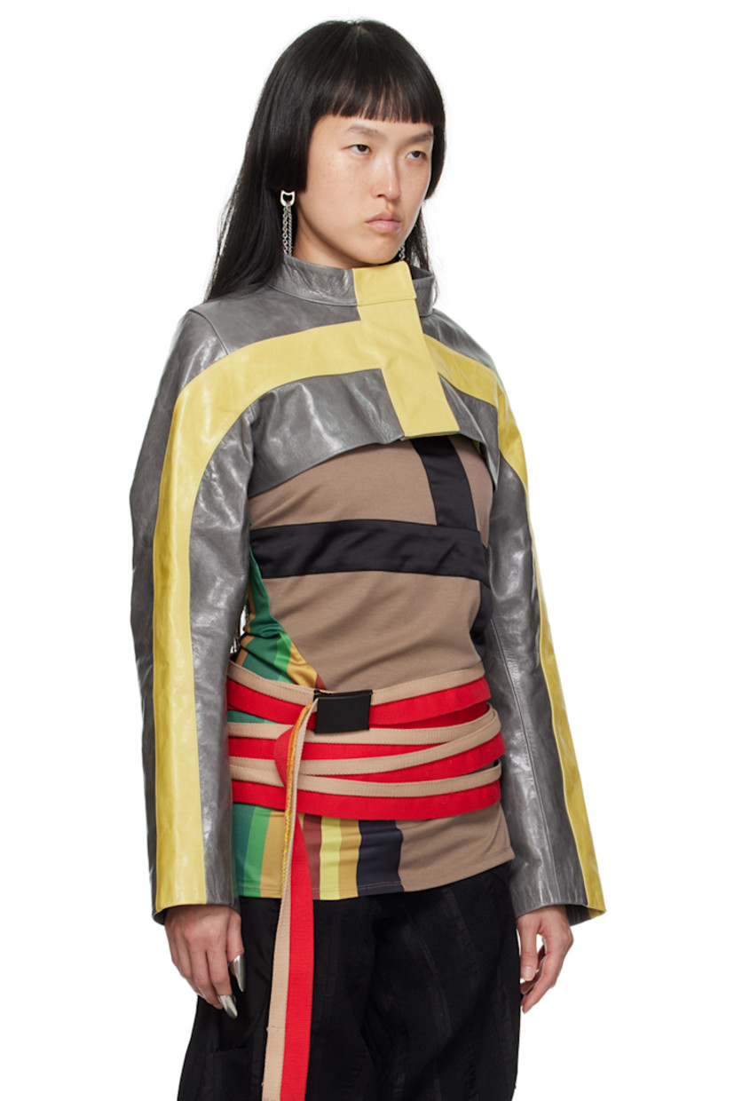 Handcrafted crinkled leather jacket.

· Paneled construction
· Stand collar
· Press-stud closure
· Cropped hem
· Full plain-woven cotton lining

Supplier color: Grey/Yellow