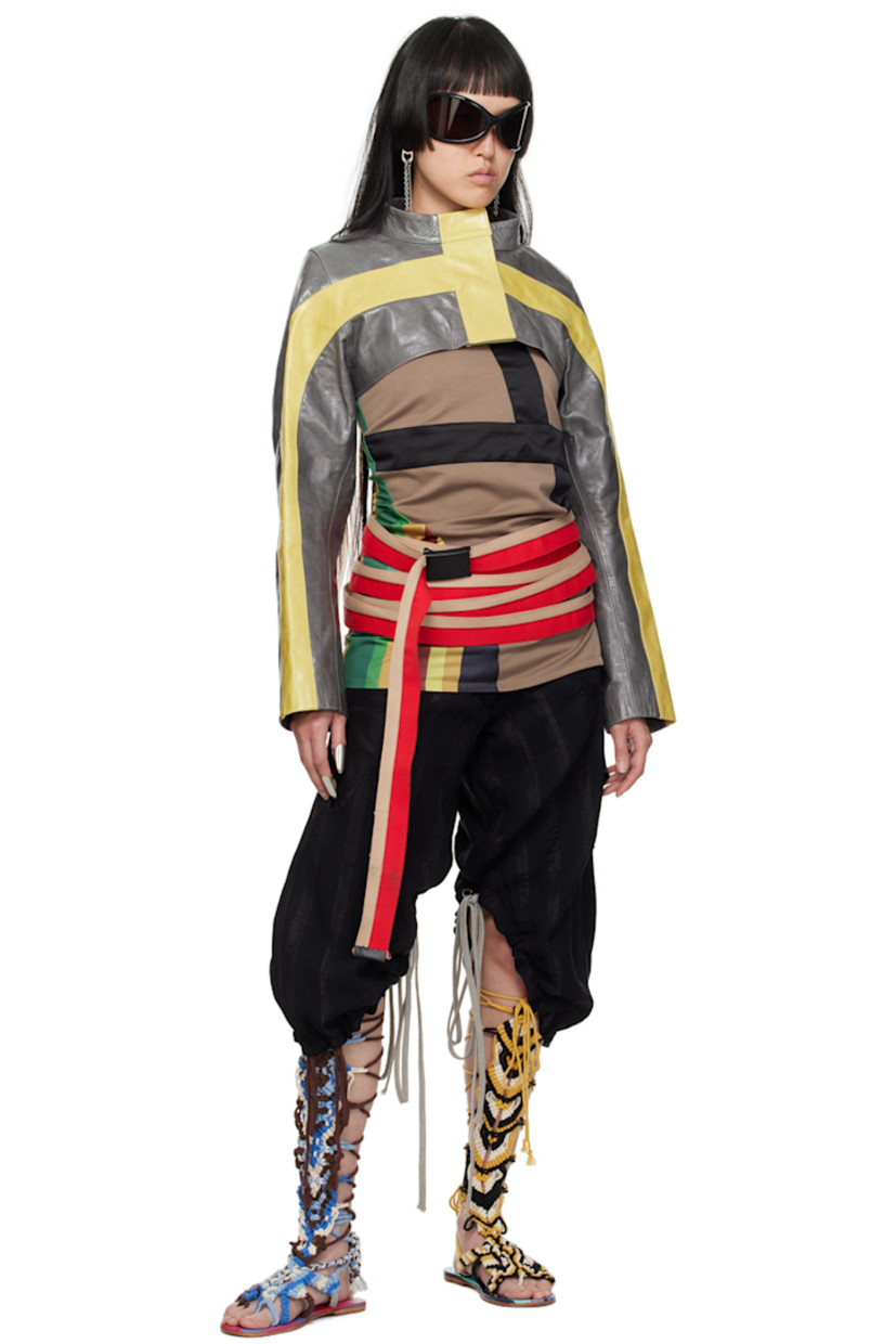 Handcrafted crinkled leather jacket.

· Paneled construction
· Stand collar
· Press-stud closure
· Cropped hem
· Full plain-woven cotton lining

Supplier color: Grey/Yellow