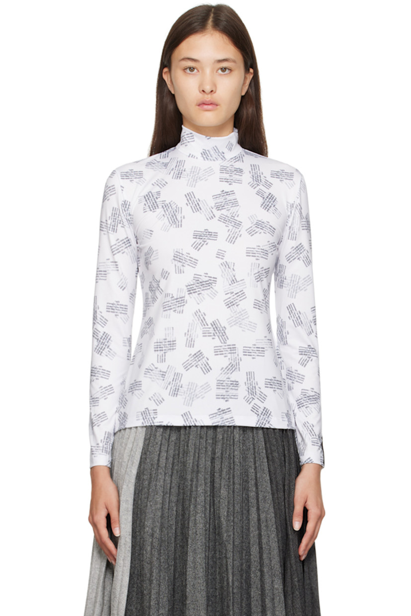 Polyester jersey turtleneck. Logo pattern printed throughout. 

· Logo patch at cuff
· Concealed zip closure with button fastening at back collar

Supplier color: Whitelogostamp