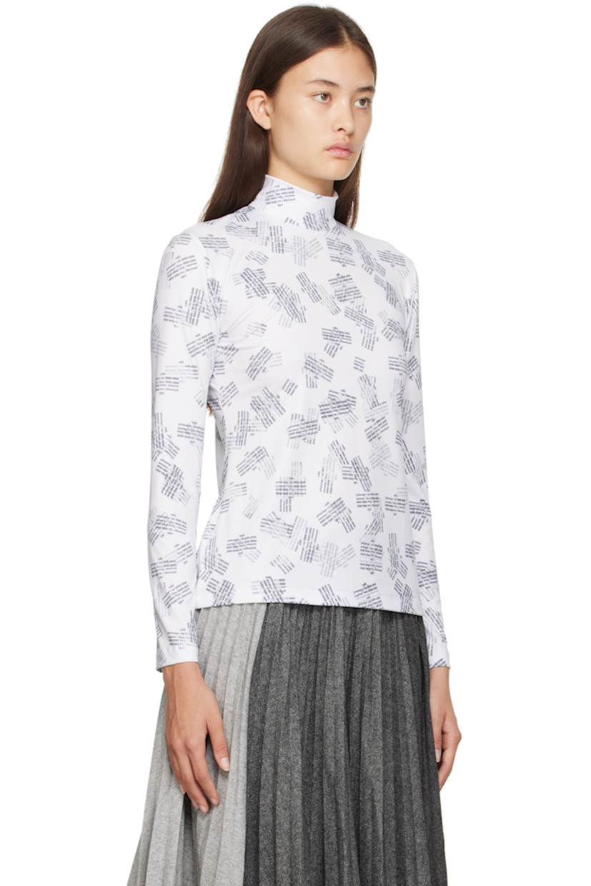 Polyester jersey turtleneck. Logo pattern printed throughout. 

· Logo patch at cuff
· Concealed zip closure with button fastening at back collar

Supplier color: Whitelogostamp