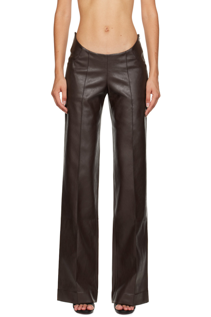 Buffed faux-leather trousers.

· Modified waistband
· Three-pocket styling
· Pinched seam at front legs
· Concealed zip closure at outseam
· Darts at back

Supplier color: Burgundy