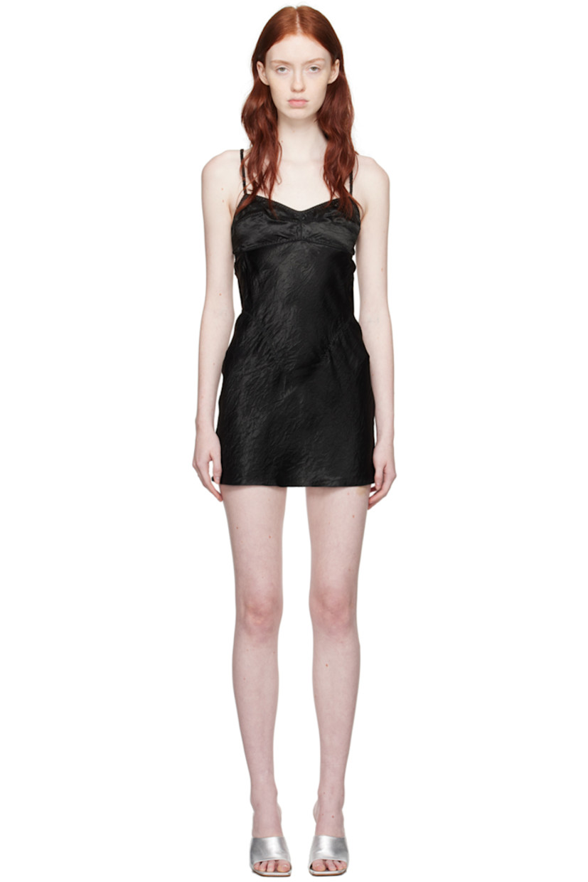 Crinkled acetate hammered satin dress. Elasticized lace trim throughout.

· Paneled construction
· Sweetheart neckline
· Adjustable elasticized shoulder straps
· Hook-eye fastening and cutout at back
· Unlined

Supplier color: Black