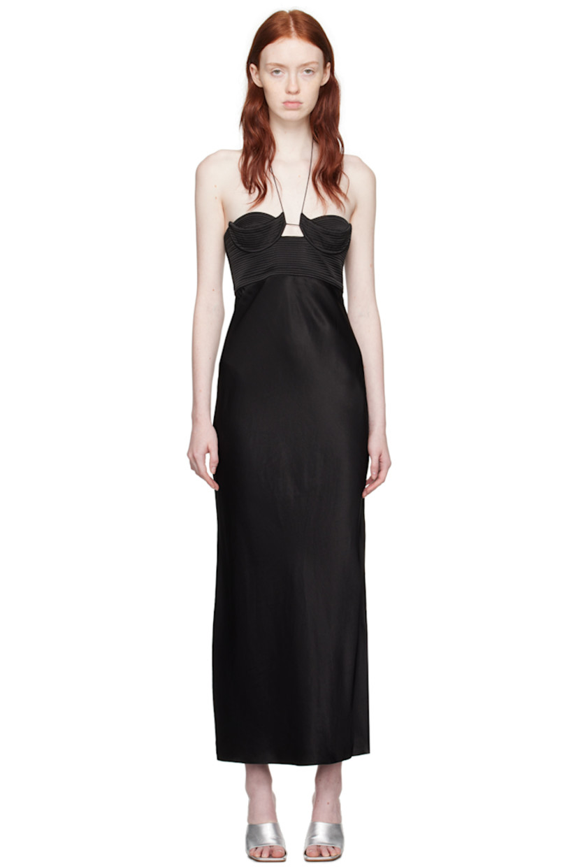 Viscose-blend satin dress.

· Criss-crossing self-tie halter strap
· Sweetheart neckline
· Cutout at front
· Quilted cups and waist
· Zip closure at side seam
· Partially lined

Supplier color: Black