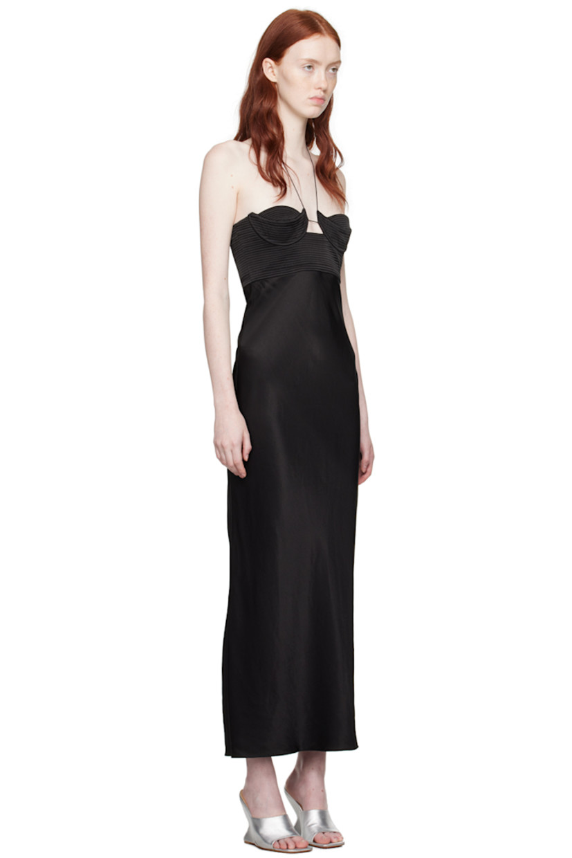 Viscose-blend satin dress.

· Criss-crossing self-tie halter strap
· Sweetheart neckline
· Cutout at front
· Quilted cups and waist
· Zip closure at side seam
· Partially lined

Supplier color: Black