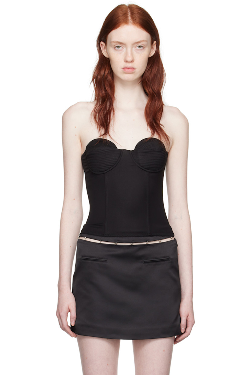 Stretch viscose satin corset. Boning and elasticized lace trim throughout.

· Off-the-shoulder construction
· Sweetheart neckline
· Quilted cups
· Zip closure at back
· Unlined

Supplier color: Black