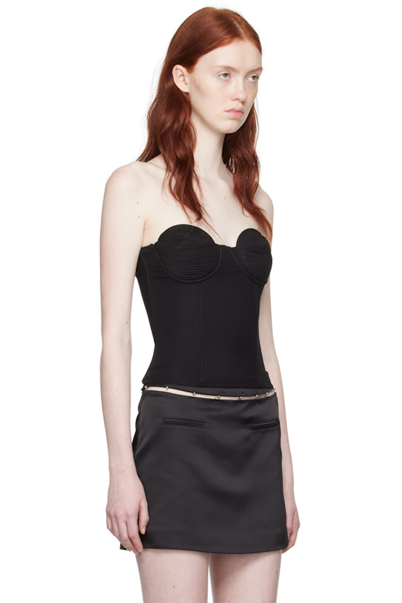 Stretch viscose satin corset. Boning and elasticized lace trim throughout.

· Off-the-shoulder construction
· Sweetheart neckline
· Quilted cups
· Zip closure at back
· Unlined

Supplier color: Black