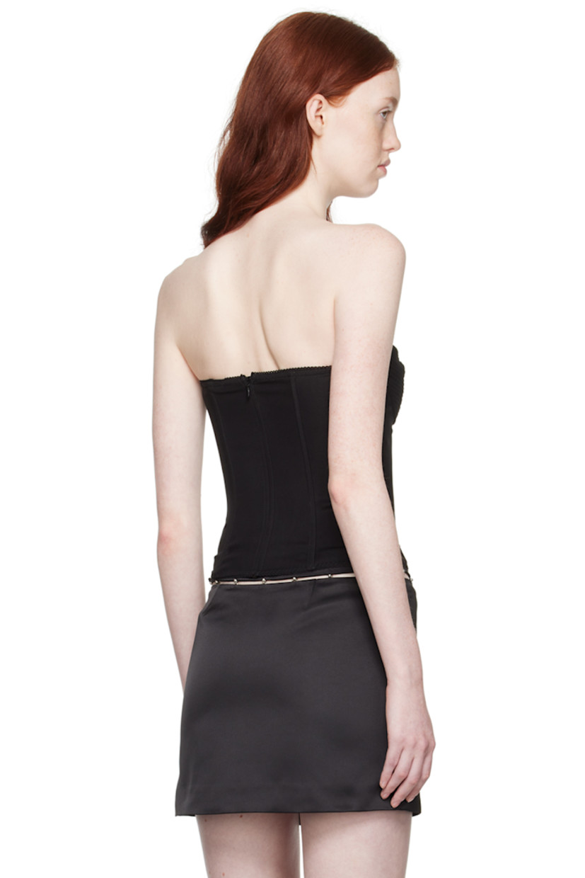 Stretch viscose satin corset. Boning and elasticized lace trim throughout.

· Off-the-shoulder construction
· Sweetheart neckline
· Quilted cups
· Zip closure at back
· Unlined

Supplier color: Black
